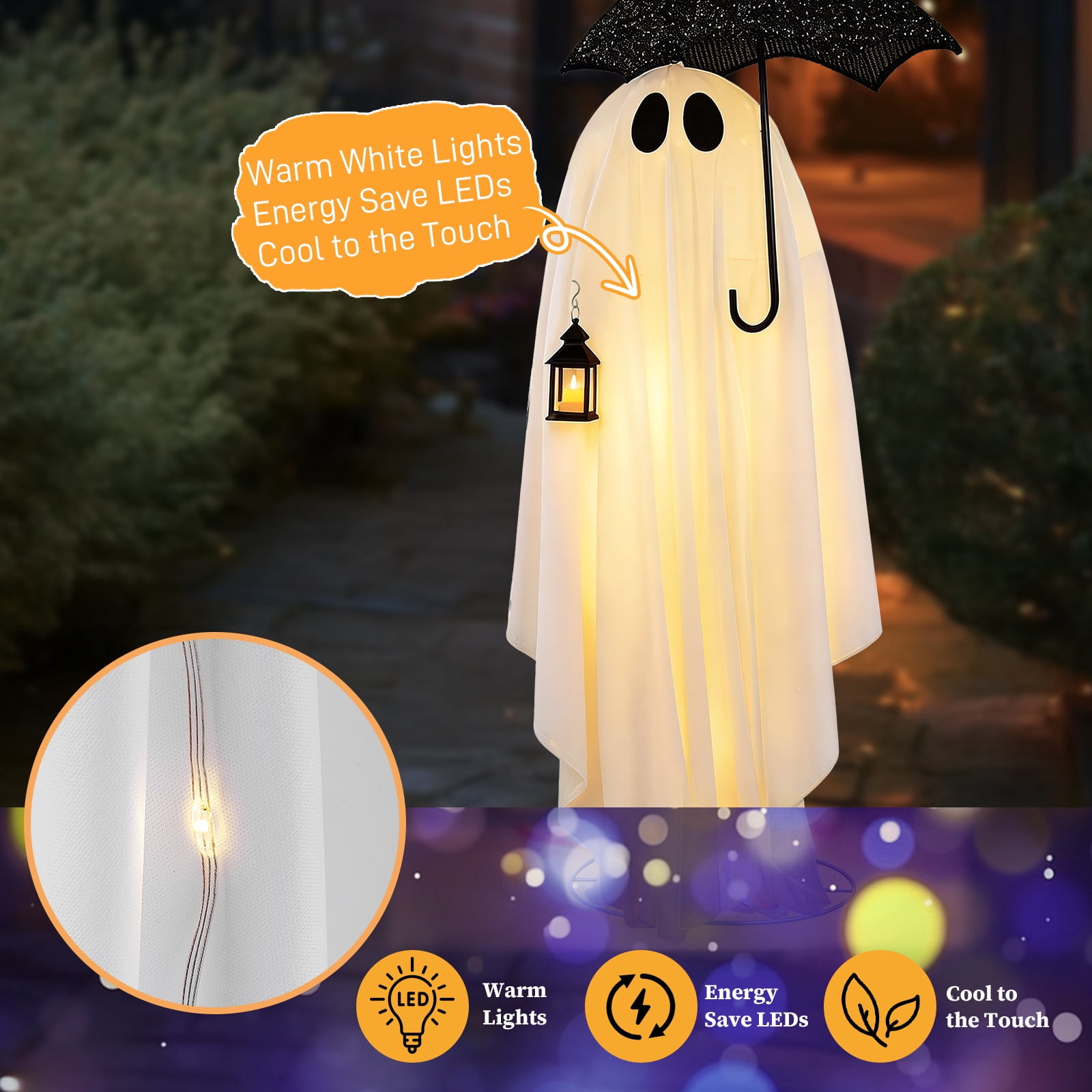 Astoutdoor 5 ft Black and White Umbrella Ghost Halloween Decoration with 100 Warm White LED Lights, 30V 3.6W Adapter, Indoor Outdoor Light-Up Decor