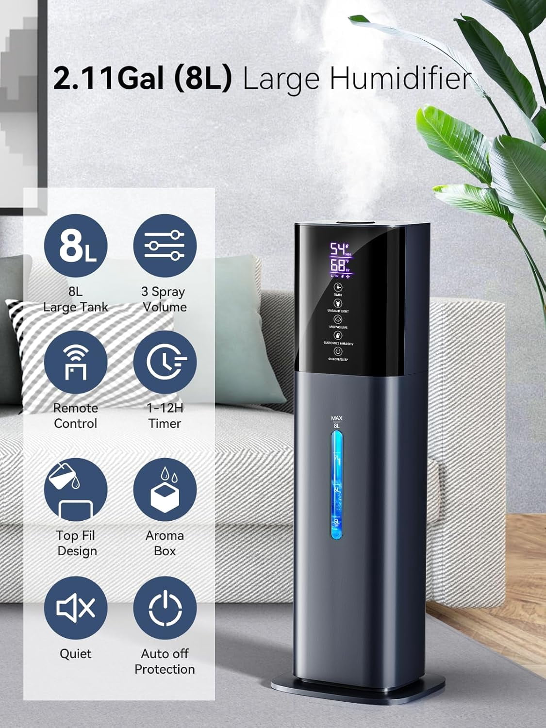 Humidifiers for Bedroom, 2.11Gal 8L Quiet Humidifiers for Large Room with Timer, 360°Nozzle, 3 Speed Ultrasonic Cool Mist Humidifier with Humidistat for Baby Home Adults Plants