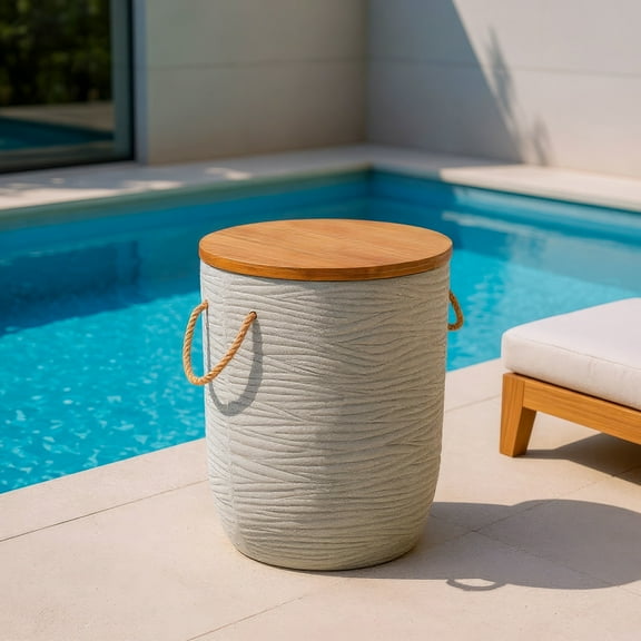 Biban Side Table Natural & Gray End Table, Modern Style, Brushed Acacia Wood round shape tabletop, Super Poly-Stone, Outdoor Living