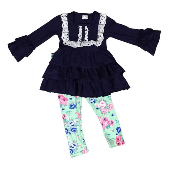 Little Girl Kids Long Sleeve Tunic Solid Top Floral Legging Pant Tight Set Navy 5 L 600306
