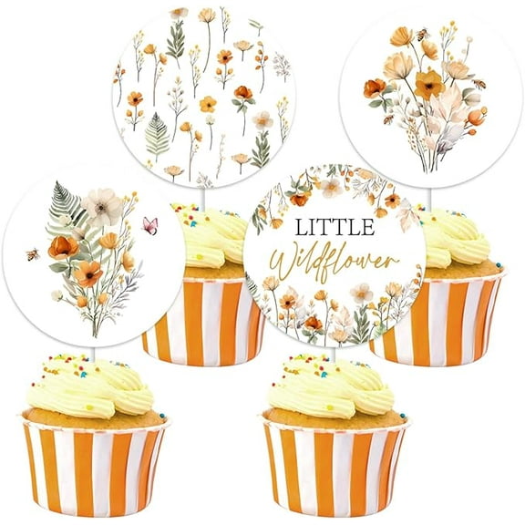 36pcs Boho Wildflower Cupcake Toppers for Girl, Little Wildflower Baby Shower Decorations, Double-sided Floral Cupcake Toppers for Flower Theme Baby Shower Decorations