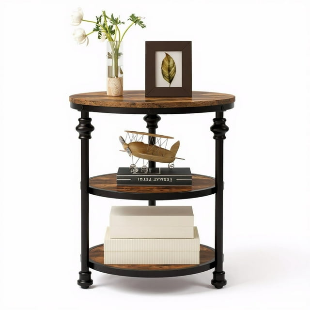 3-Tier Round Side Table with Storage Shelf, Industrial End Table for Bedroom