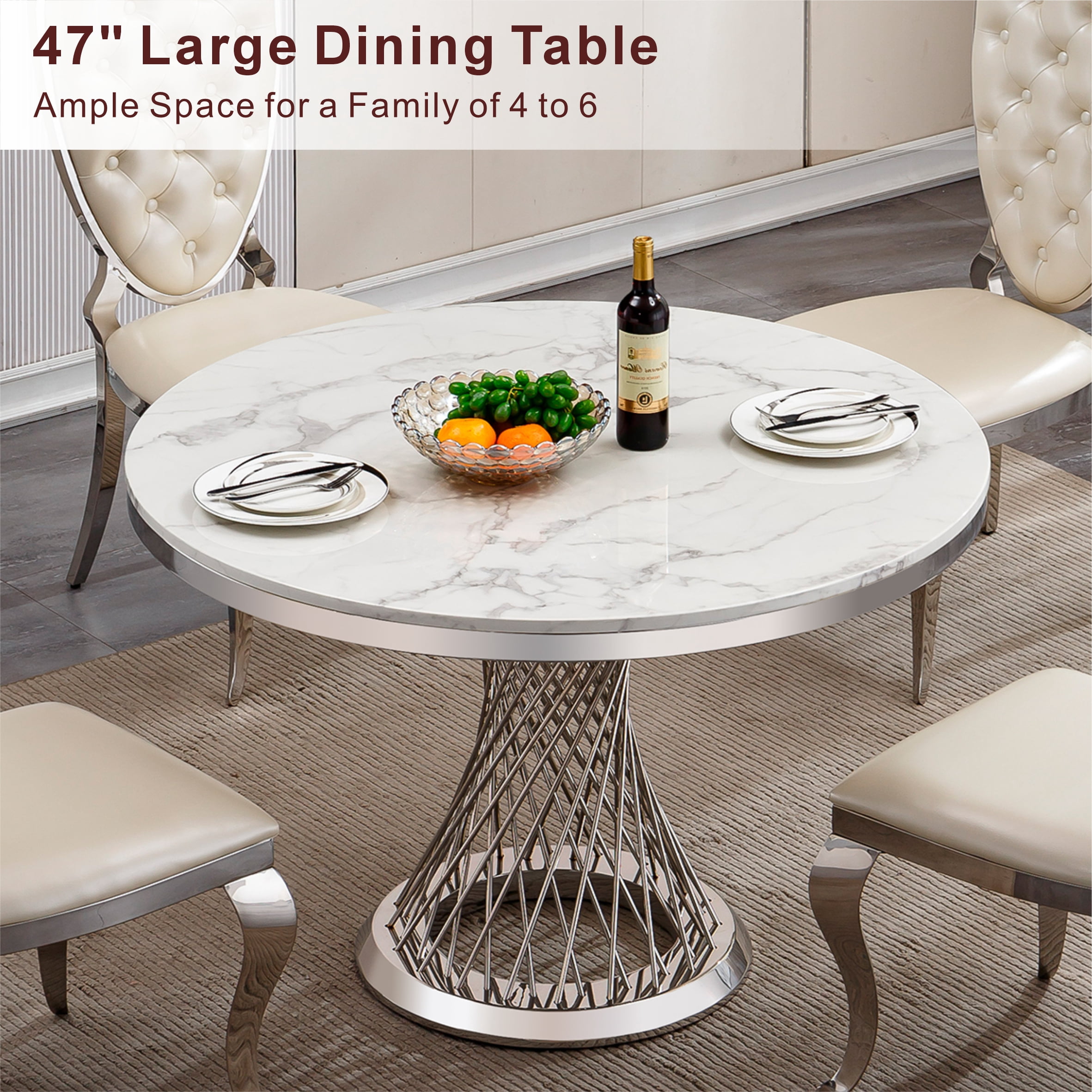 GAKMCIL 47" Round Marble Dining Table for 4-6 People, Modern Kitchen Table with High Glossy Faux Marble Top, Stainless Steel Base, 300lbs Load, Easy Assembly for Dining Room, Kitchen (Silver&White)
