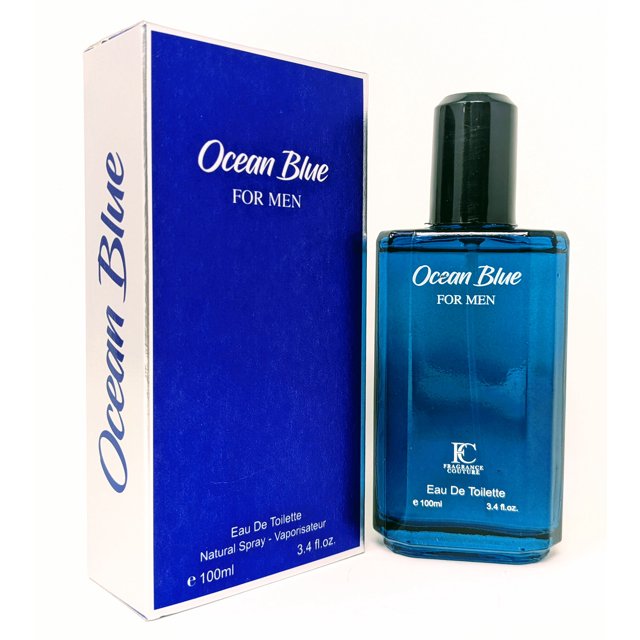 fragrance coutureocean blue for men 100ml fragrance couture eau de toilette Frasco rectangular de vidrio azul con tapa negra y texto "Ocean Blue FOR MEN" frente a su caja azul y blanca; etiqueta indica 100 ml (3.4 oz). Suele llevarse en viajes cortos.