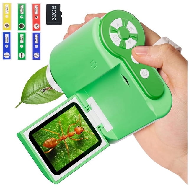 Microscope for Kids, 1000X Handheld Digital Microscope in green plastic, featuring a compact design with a foldable screen displaying a magnified image of an ant on a leaf. Includes USB cable, 32GB memory card, and six biological sample slides in assorted colors. Ideal for exploring plants, tiny organisms, and slides, with built-in microphone and PC connectivity for real-time enlarged views.
