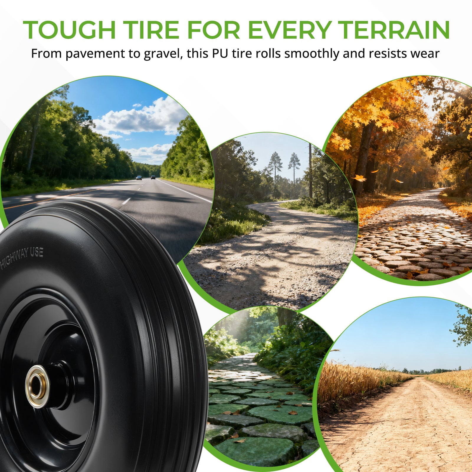 Backyard Expressions 13-Inch Flat-Free PU Tire 2-Pack – Solid PU Replacement Wheels with 5/8" & 3/4" Bearings, Spacer Kit & Steel Hubs for Wheelbarrows, Garden Carts, Wagons, Hand Trucks & More