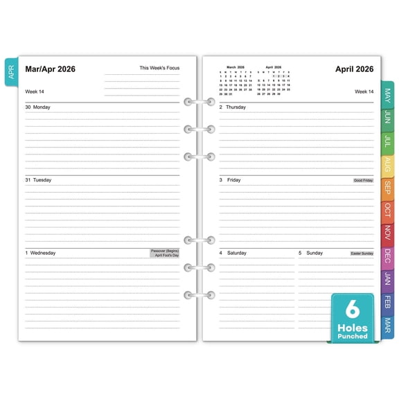 OMEYA Planner Inserts 2026-2027, A5 Weekly & Monthly Planner Refill (Apr 2026-Sep 2027), 18 Month Academic Planner Refills 5.5 x 8.5, 6-Hole Punched, Fits A5 Ring Binders