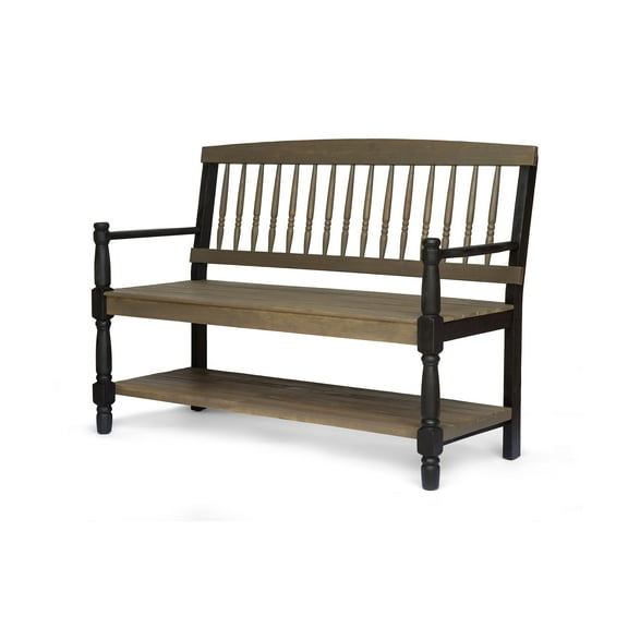 Eddie Rustic Acacia Wood Bench with Shelf, Gray and Black