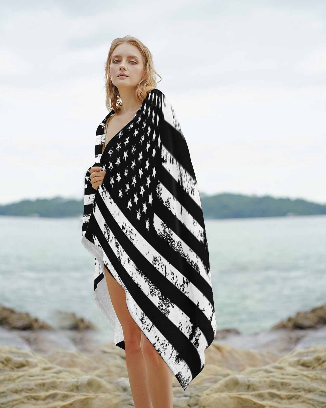 Black White Beach Towels Oversized Super Absorbent, Retro Stars Stripes Flag Shabby Chic Texture Lightweight Bath Towel Quick Dry Sets For Bathroom/Pool/Rv Camping/Beach Play/Gym Room/Picnic 35"x70"