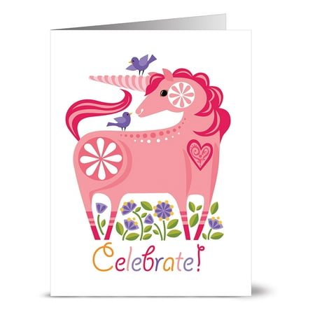 Unicorn Birthday Card - 24 Happy Birthday Note Cards - Celebrate Unicorn - Blank Cards - Lilac Purple Envelopes Included