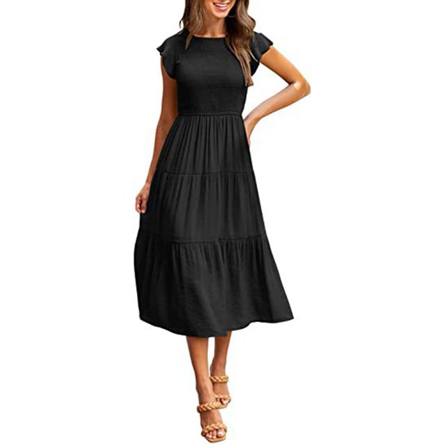 Women Ruffle Short Sleeve Long Dress Smocked Tiered A Line Dress Crew Neck