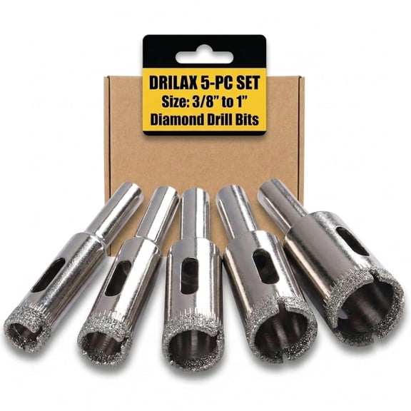 DRILAX Diamond Drill Bit Set Diamond Coated 5 Piece 3/8 Inch, 1/2 Inch, 5/8 Inch, 3/4 Inch, 1 Inch