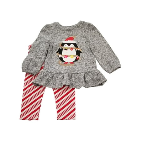 Infant Girls Christmas Baby Outfit Gray & Red Penguin Shirt Striped Pants 12M