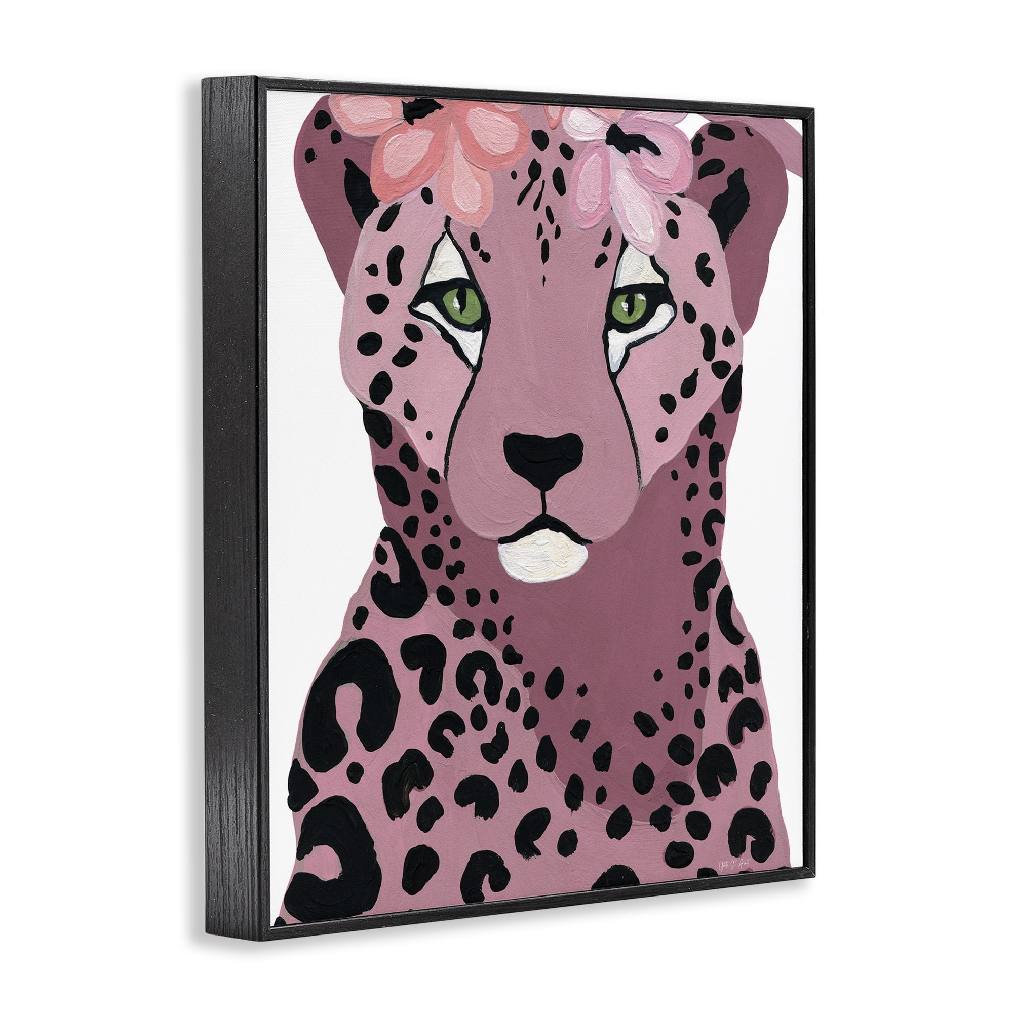 Stupell Industries Cheetah with Pink Blossoms Animals & Insects Painting Black Framed Art Print Wall Art, 24 x 30