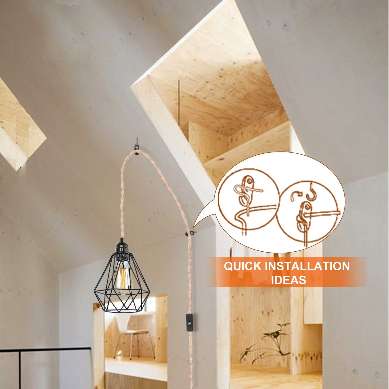14.9ft Hanging Pendant Light Kit Farmhouse Hemp Rope Light Cord Metal Cage Lampshade Lighting Fixture with Switch Plug in for Bedroom Living Room Kitchen DIY Decor UL Listed E26
