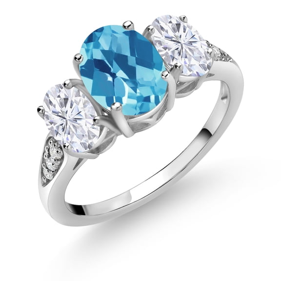 Gem Stone King 10K White Gold Swiss Blue Topaz White Moissanite and White Lab Grown Diamond 3 Stone Engagement Ring for Women (2.34 Cttw, Gemstone Birthstone, Available in Size 5, 6, 7, 8, 9)