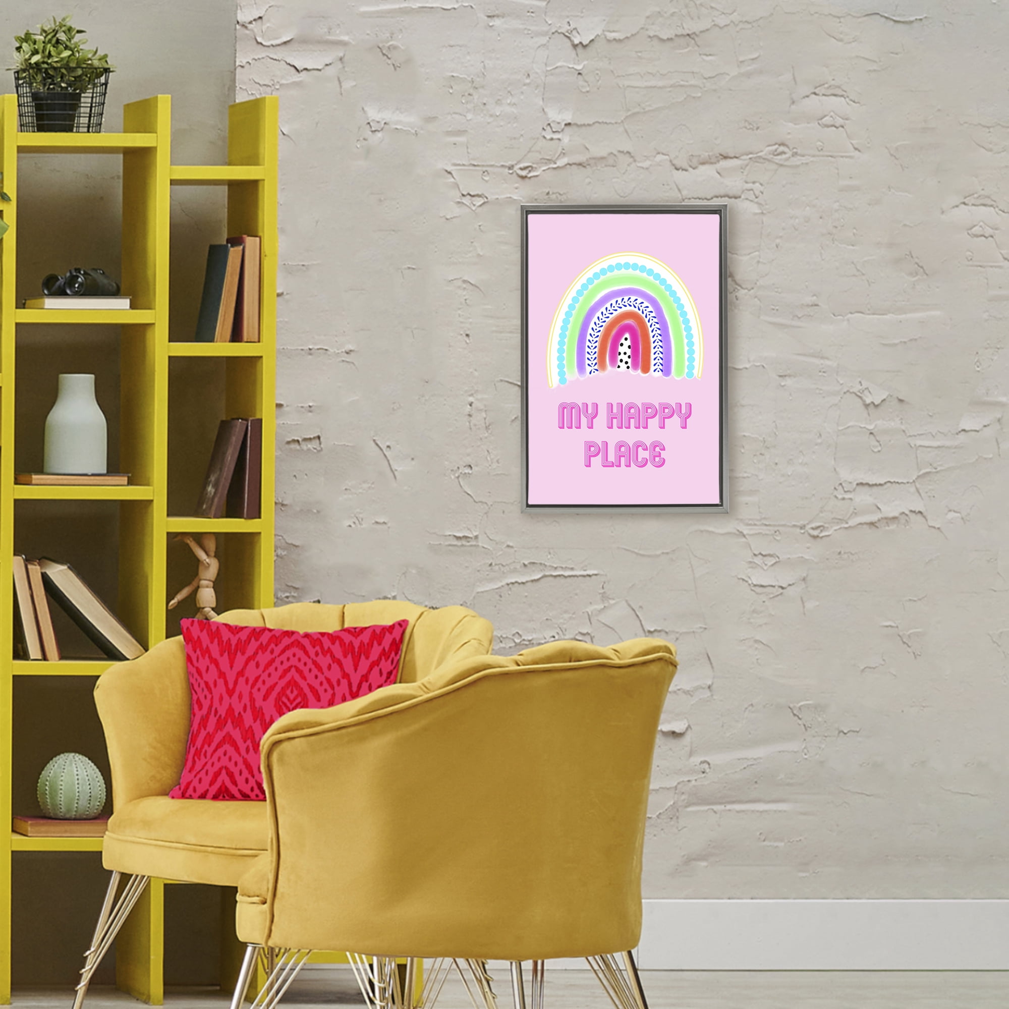 Stupell Industries Happy Place Dotted Rainbow Gray Framed Floater Canvas Wall Art, design by Pooja Dave