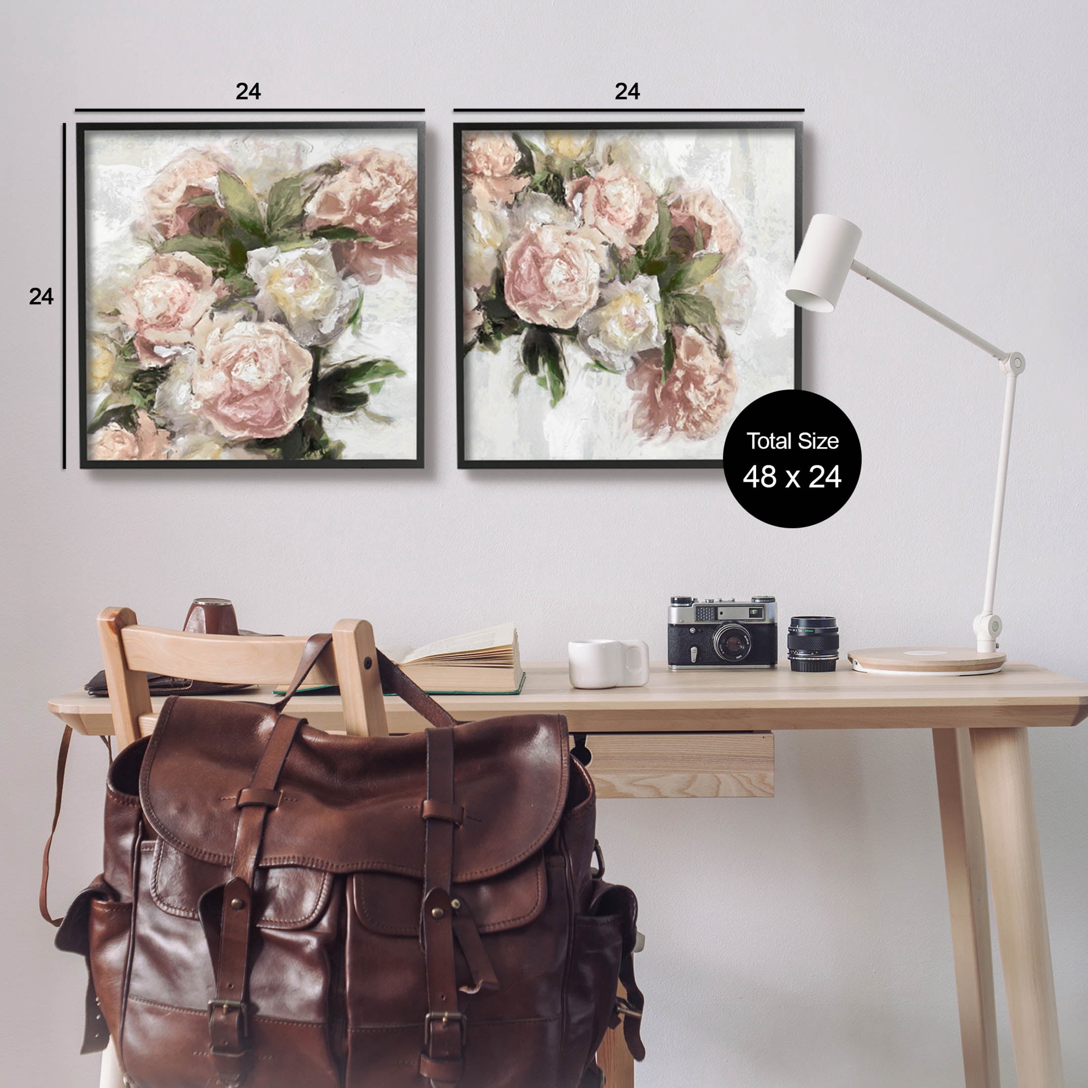 Traditional Peony Blossoms Arrangement Botanical & Floral Graphic Art Black Framed Art Print Wall Art, Set of 2