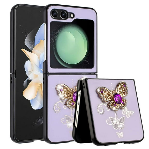 Bemz Butterfly Diamond Gem Luxury Cover Case for Galaxy Z Flip 5 - Purple Gold