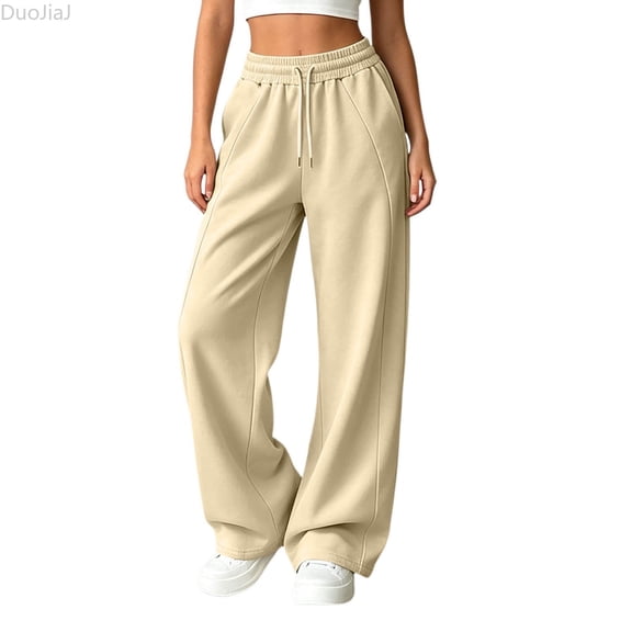 DuoJiaJ Womens Wide Leg Pants, Soft Stretch Travel Ready Casual Bottoms Beige L