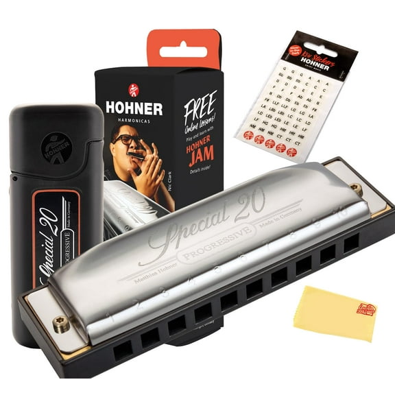 Hohner Special 20 Country Tuned Harmonica - Key of C Bundle with Case, Key Stickers, and Austin Bazaar Polishing Cloth