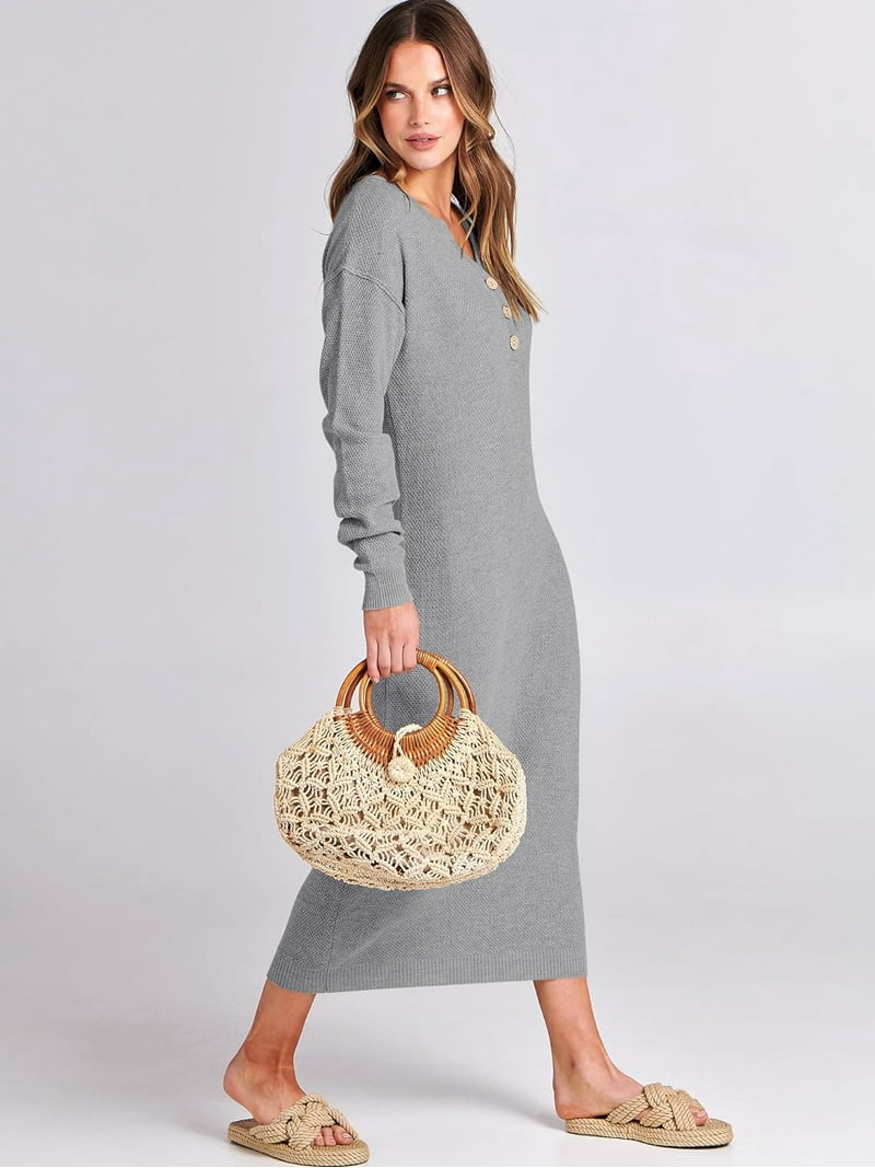 ILANKTOZI Women Sweater Dress Long Sleeve Button V Neck Oversized Casual Loose Fall Waffle Knit Long Dress, Women's, Size: XL, Gray
