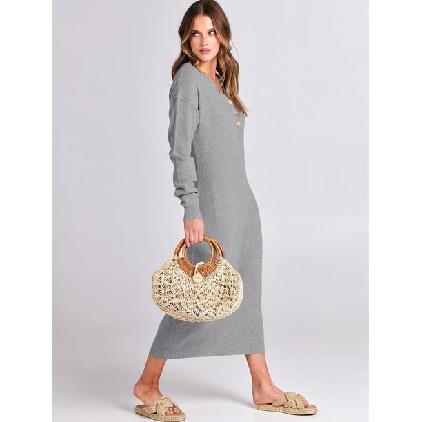 ILANKTOZI Women Sweater Dress Long Sleeve Button V Neck Oversized Casual Loose Fall Waffle Knit Long Dress, Women's, Size: XL, Gray