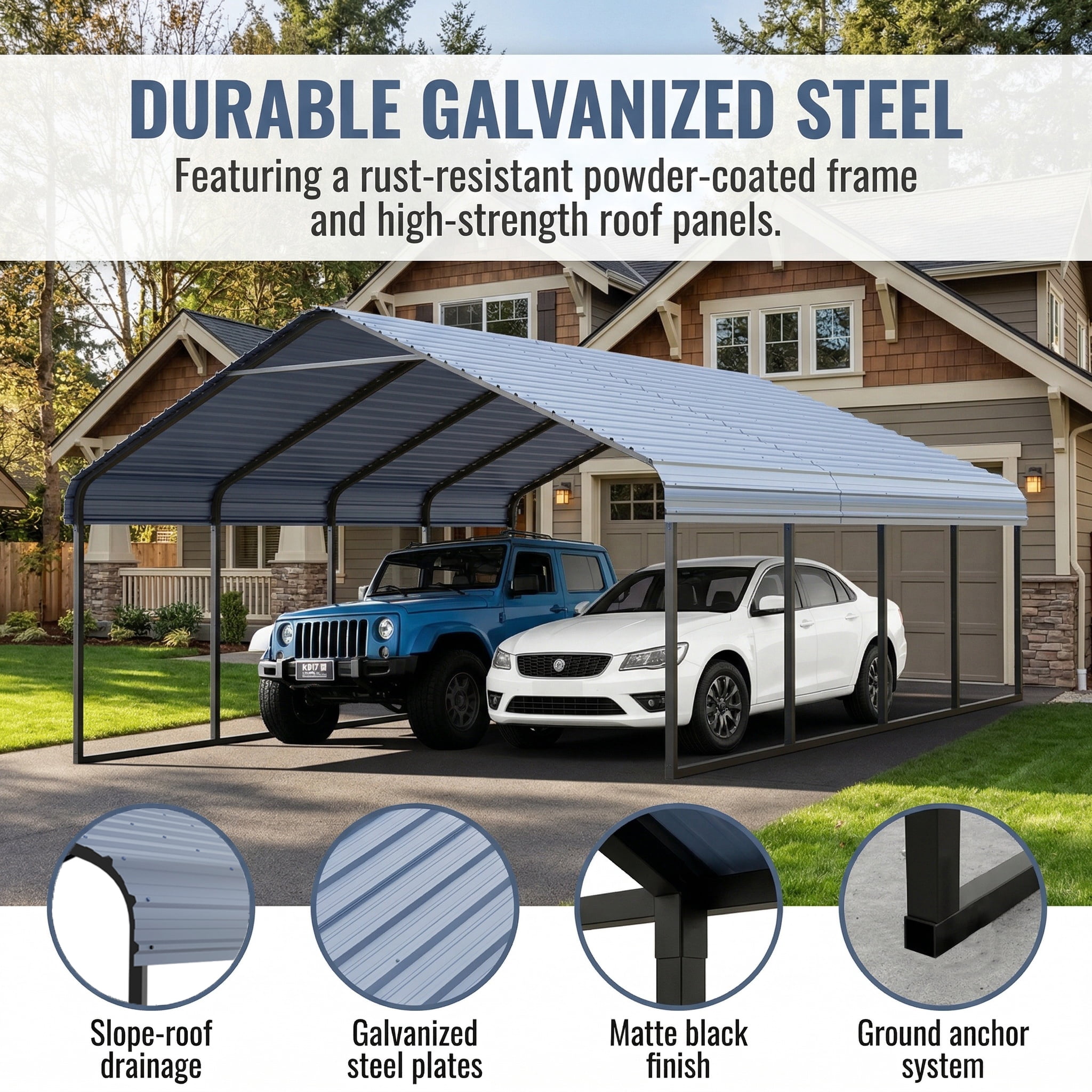 20x20 FT Heavy Duty Metal Carport - Galvanized Steel Frame & Roof, All-Weather & Snow Load Protection for Cars, SUVs, Trucks, RVs, Boats, UV Resistant, Rust-Resistant, Snow-Resistant Portable Shelter