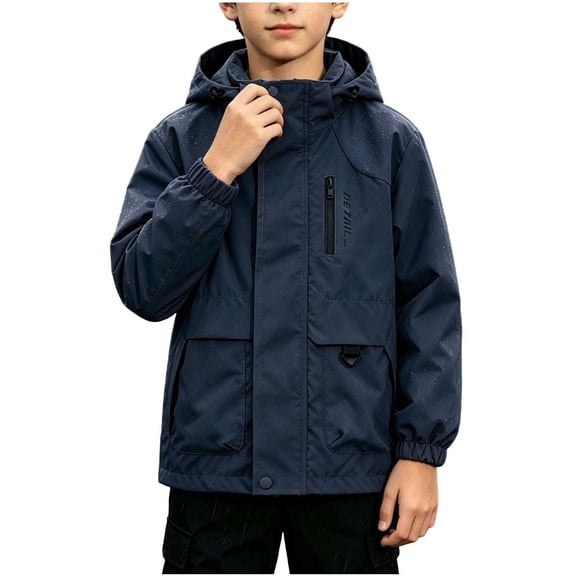FAVIPT Boys Waterproof Coat Long Sleeve Zip Up Windproof Hooded Jackets Lightweight Outdoor Coats with Zipper Pockets Navy,7-8 Years