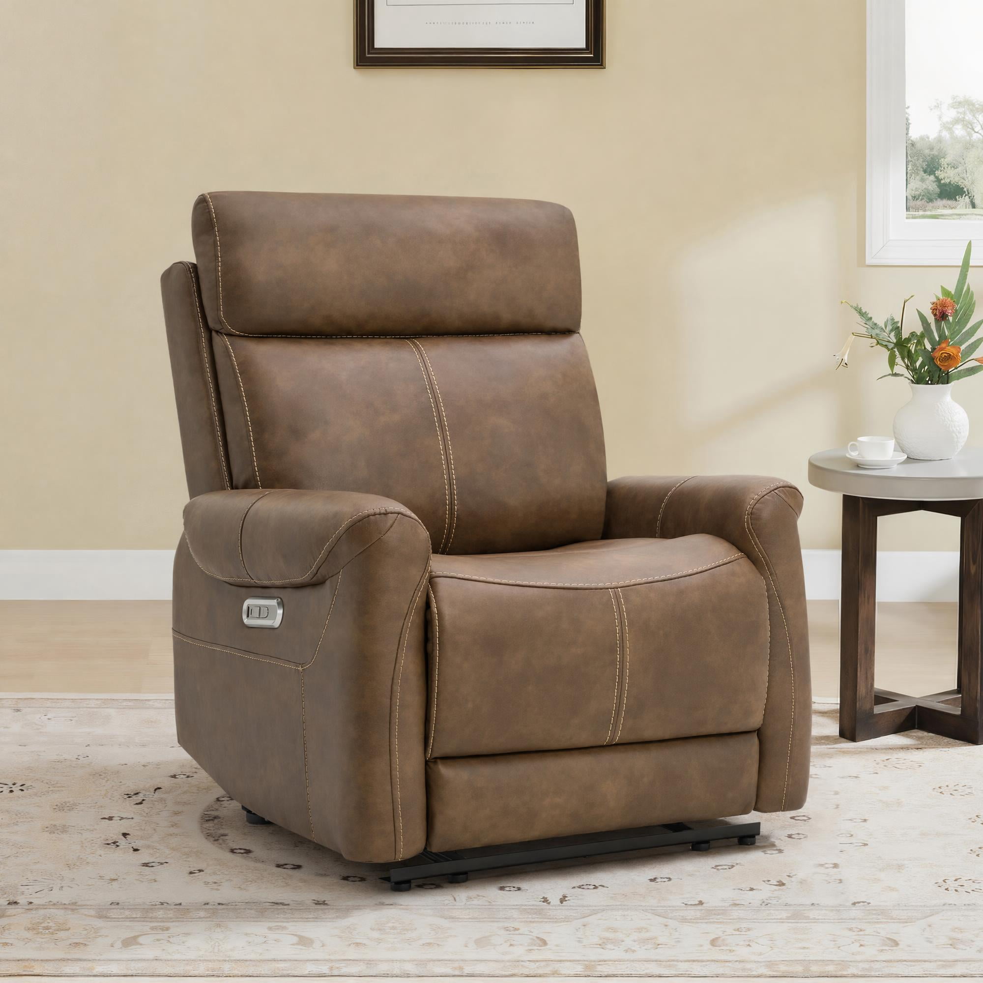 Spruce & Spring Power Recliner Chair, Wall Hugger Reclining Chair for Living Room, Bedroom, Faux Leather, Brown