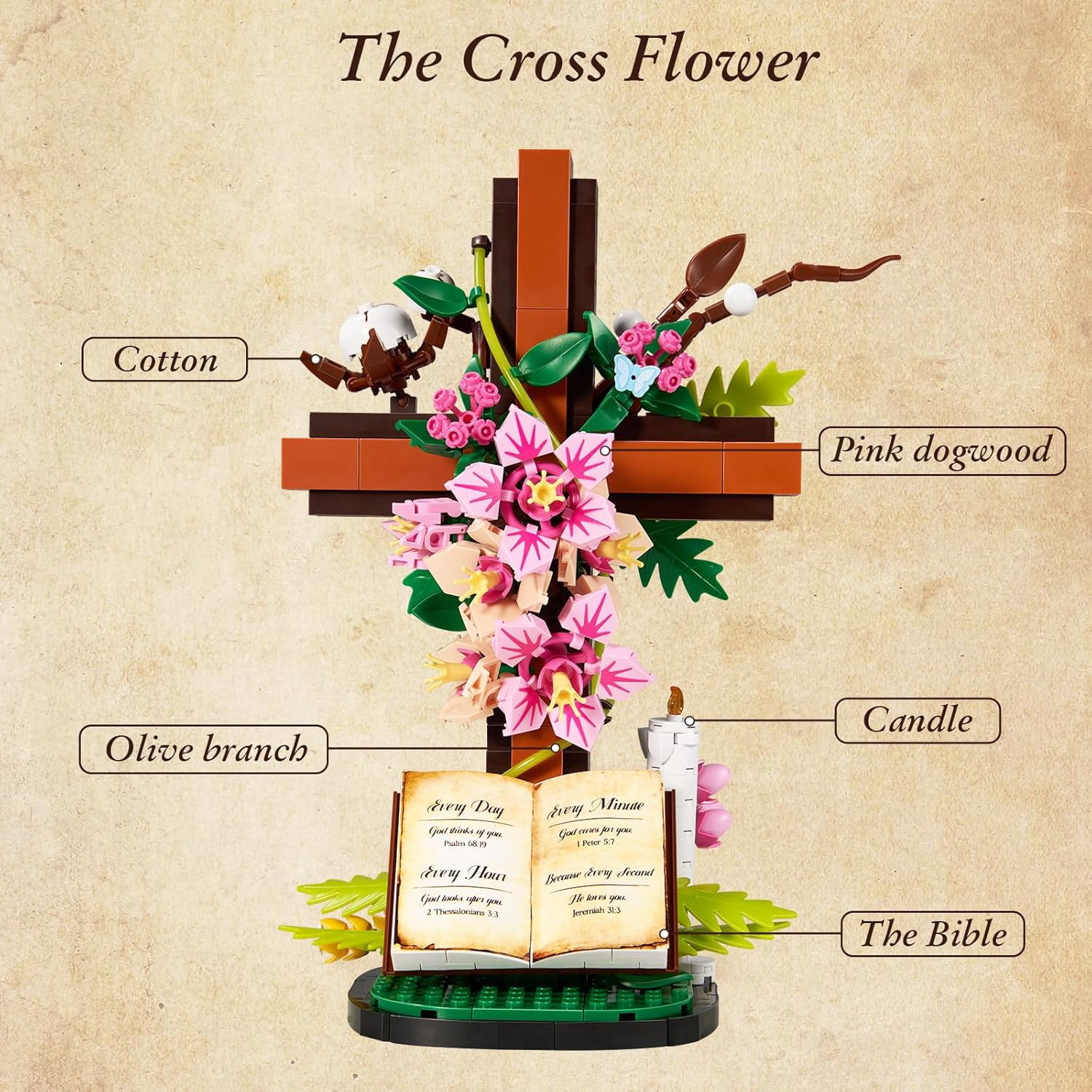 Catholic Jesus Cross Flower Building Blocks Set 568pcs Religious Bricks Toys Easter, Christian, Birthday Gifts Kit