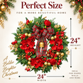 thumbnail image 2 of 24 Inch Artificial Christmas Wreath with Red Magnolia Flowers, Plaid Bow and Gold Bell, Red Berries and Gold Ornaments, Holiday Door Decor, 2 of 8