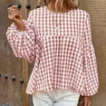 thumbnail image 2 of Aboser Babydoll Shirts for Women Trendy Plaid Tunic Tops Baggy Lantern Sleeve Shirt Oversized Crewneck T-Shirts Flowy Loose Fitted Blouses Pink S, 2 of 8