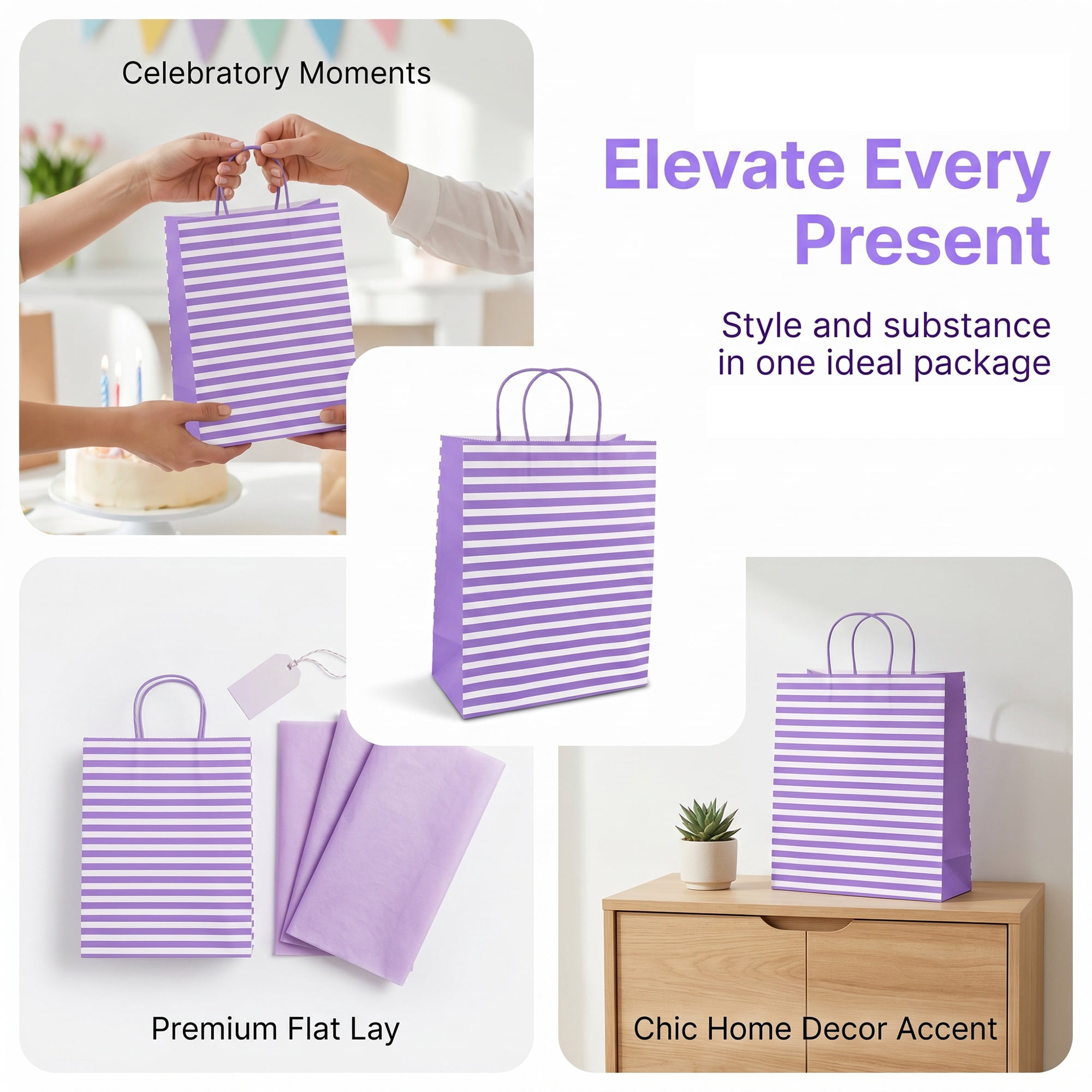 Unique Bargains Horizontal-stripe Gift Bag for All Occasions and Celebrations Purple 5.2" x 3.2" x 8.4"