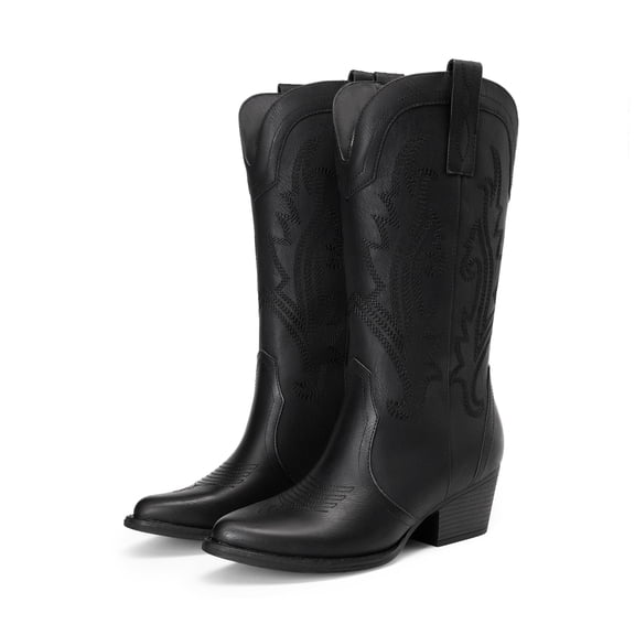 DREAM PAIRS Women's Western Cowboy Cowgirl Boots Square Toe Embroidery Mid Calf Booties