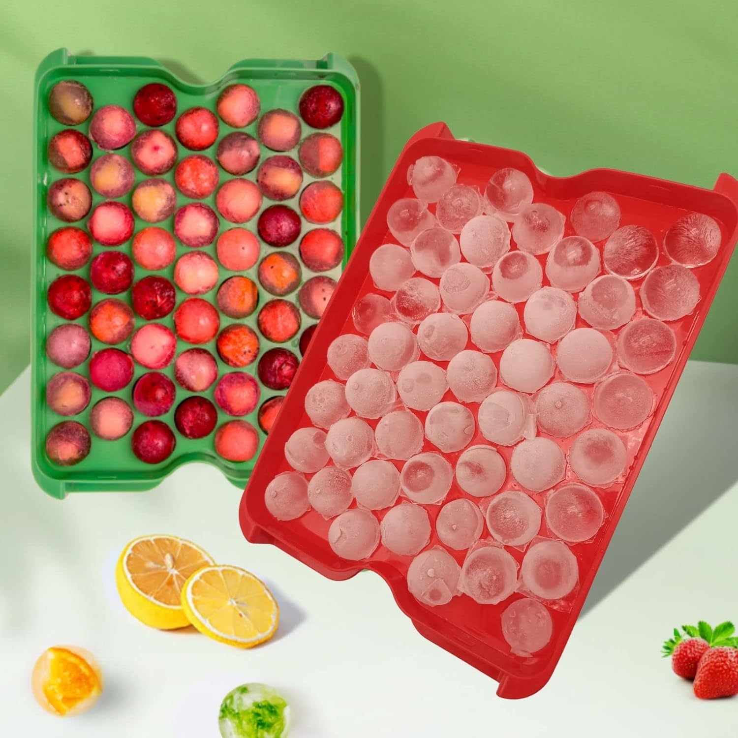 Round Ice Cube Tray with Lid Storage Bin for Freezer, Ice Cube Tray Easy Release, 106 Round Ice Cube Mold BPA Free, Ice Cube Tray with Container Scoop Flexible and durableIce Trays 5 piecesset Red