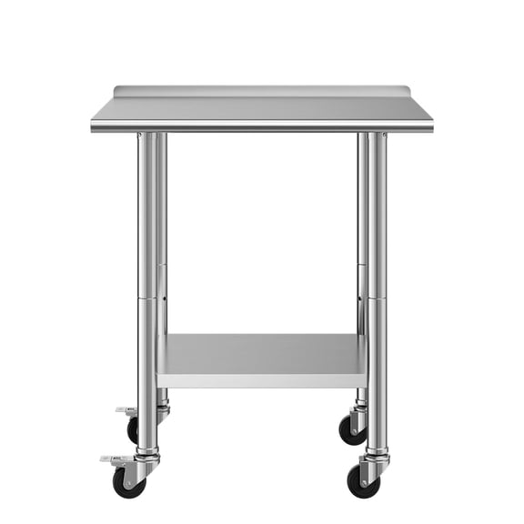 KFFKFF Stainless Steel Work Table, 24x30 inch Food Prep Station with Wheels and Backsplash, Adjustable Undershelf Metal Utility Table for Kitchen, Home, Restaurant, or Outdoor Use