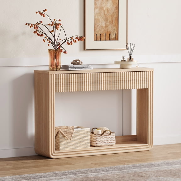 LINSY HOME 47.2" Narrow Console Table with 2 Drawers, Wavy Design, Entryway Table with Open Storage Shelf for Living Room, Hallway, Foyer-Walnut