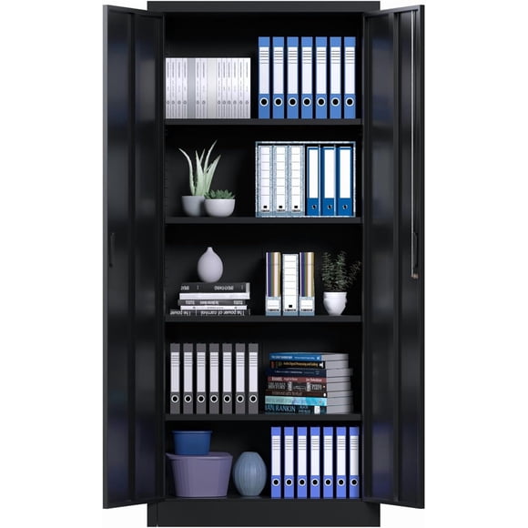 71 inch Metal Storage Cabinet with Lock, Heavy Duty Steel Organizer with 4 Adjustable Shelves, Lockable Doors for Garage Office Pantry, Black