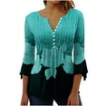 thumbnail image 2 of Womens Tops Ladies Top Floral Print V-Neck Short Sleeve Button T-Shirt Blue L, 2 of 5