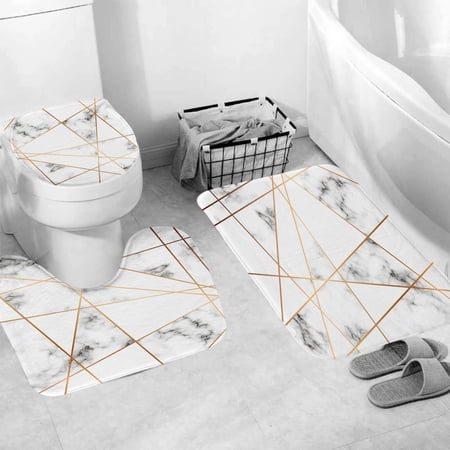 3 Pcs Abstract Marble Stone White Bath Mats Set for Bathroom, No Silp Washable Cover Floor Rug Decorations for Kitchen Bathroom Bedroom