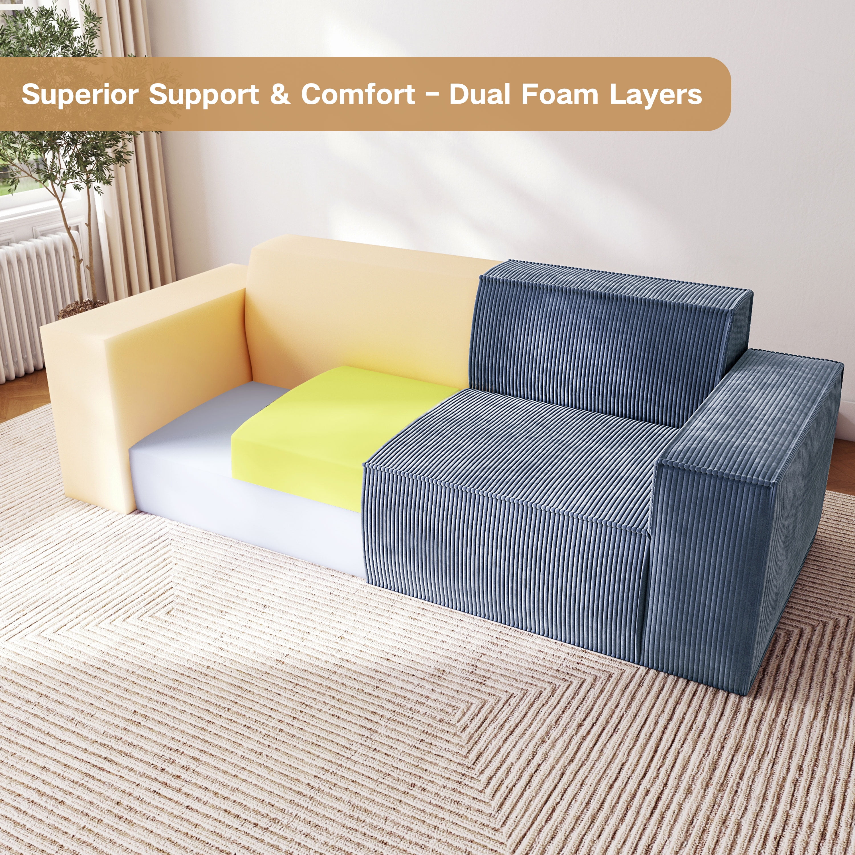 Sofa-in-a-Box, Memory Foam 3-Seater Couch, No Installation & Easy to Transport, Deep Seat Modern Sofa with Corduroy Fabric, Couch for Living Room, Bedroom, Apartment, Home Office,Grey