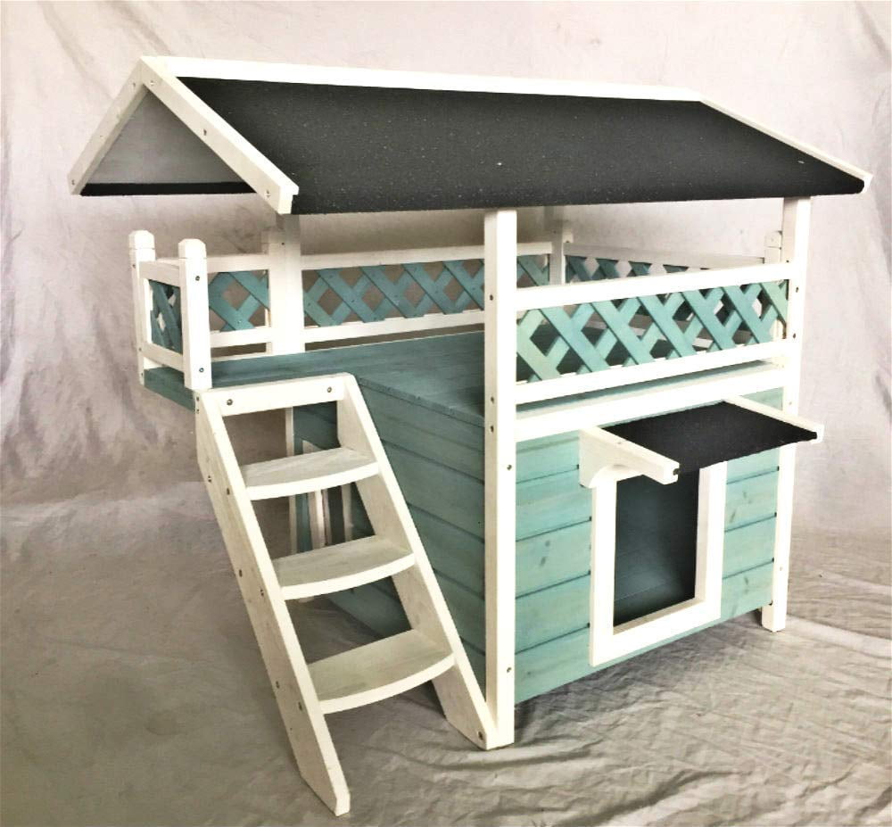 Outdoor Wooden Cat House with Escape Door and Stairs-Blue - Walmart.com
