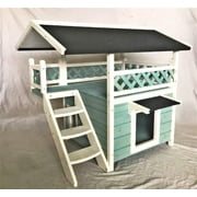 Outdoor Wooden Cat House with Escape Door and Stairs-Blue