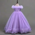 thumbnail image 5 of VNKIDY Girls Kids Off The Shoulder Feather Trim Long Ball Gown Dress With 3D Floral Applique Tulle Skirt For Birthday Party Wedding Flower Girl Cozy Dress, 5 of 9