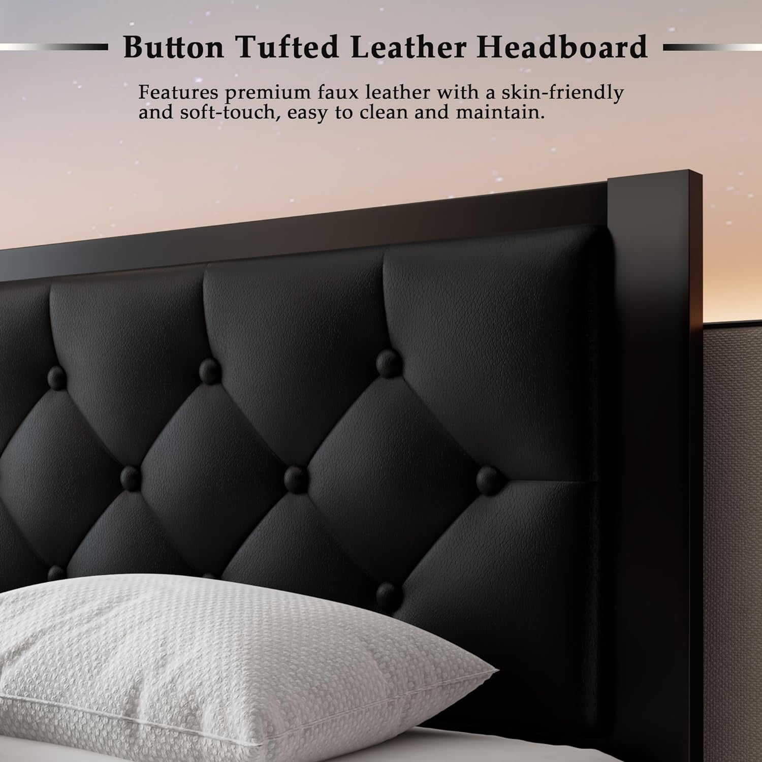 Honfach Twin Size Metal Platform Bed Frame with Faux Leather Upholstered Button Tufted Headboard, Black