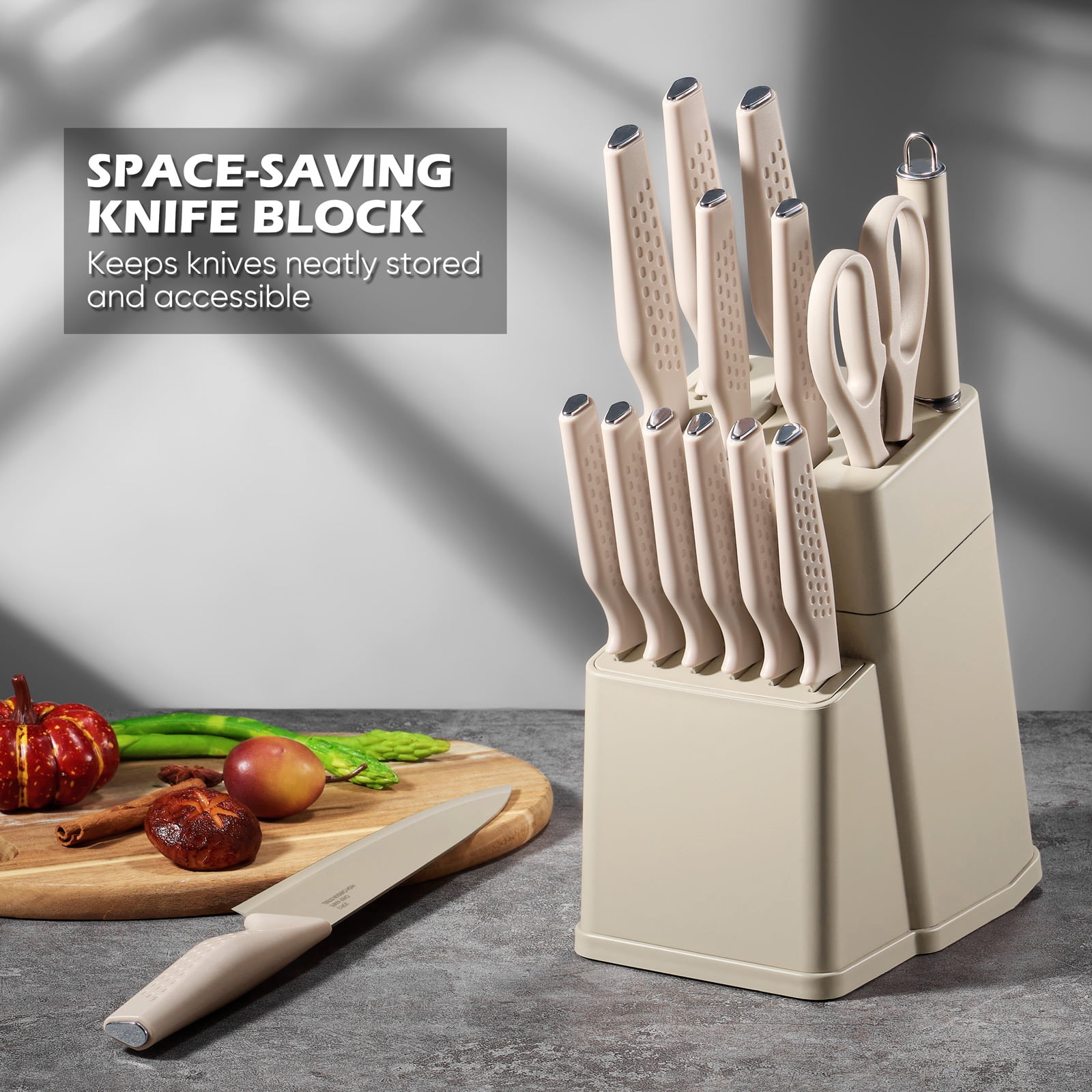 Vesteel Knife Block Set for Kitchen, 15-Piece High Carbon Stainless Steel Knives Set with Ergonomic Handle, Ultra-sharp & Rust Resistant, Khaki