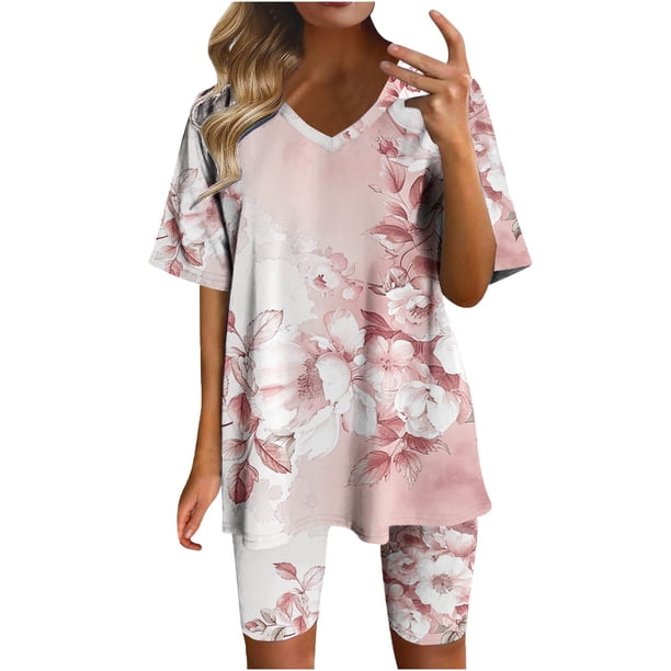 Blusas para las Mujeres Casual, Cuello en V de Manga Corta Impresa Superior Y Suelto Pantalones Cortos, Conjuntos de Moda de Verano
