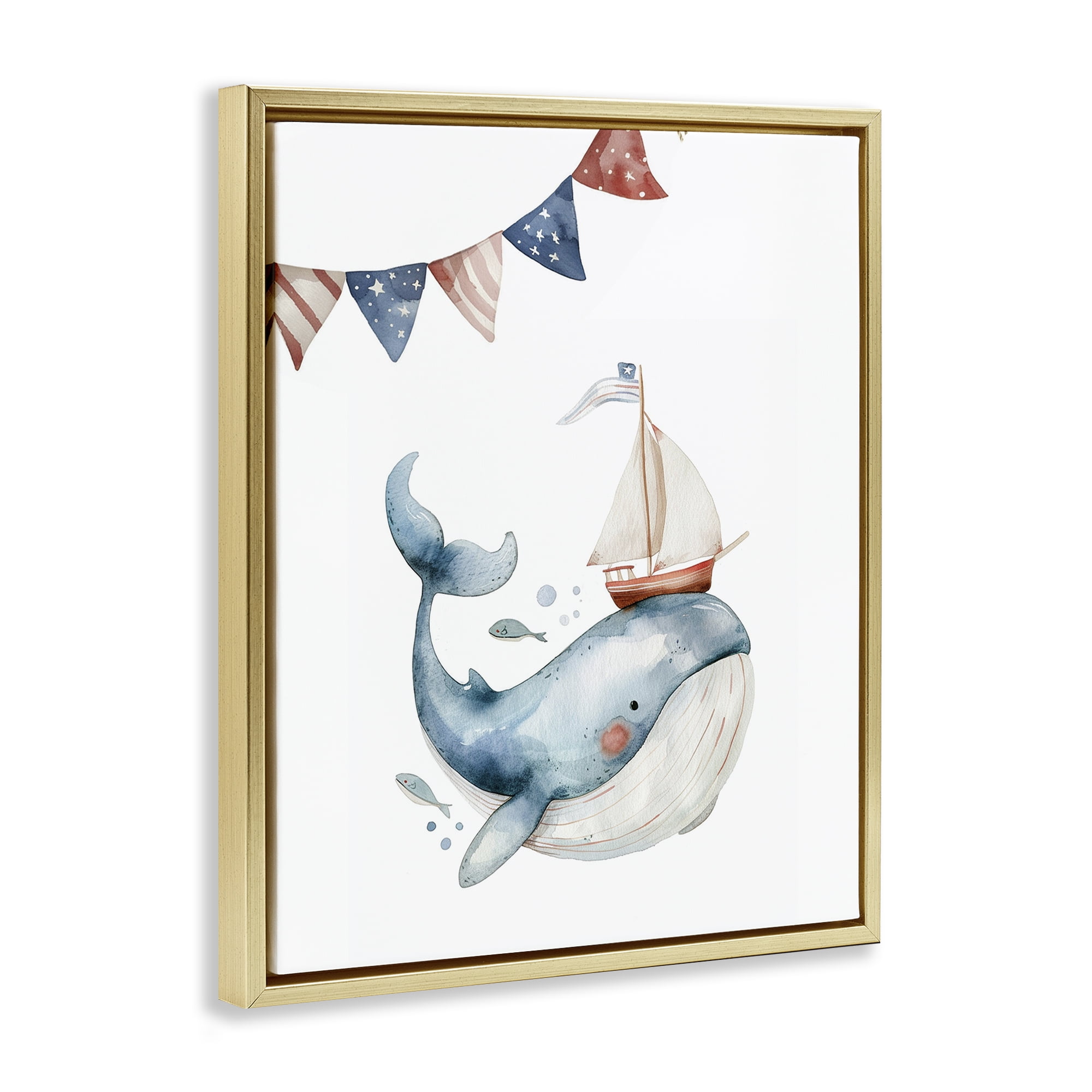 Stupell Industries Cute Sailor Whale Animals Painting Gold Floater Framed Canvas Art Print Wall Art, 17 x 21