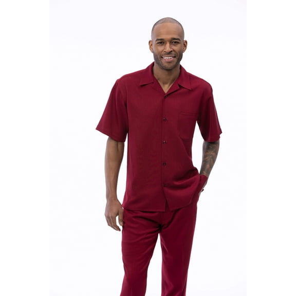 Montique Burgundy Walking Suit Solid Color Short Sleeve Shirt Men's Leisure Suit 696